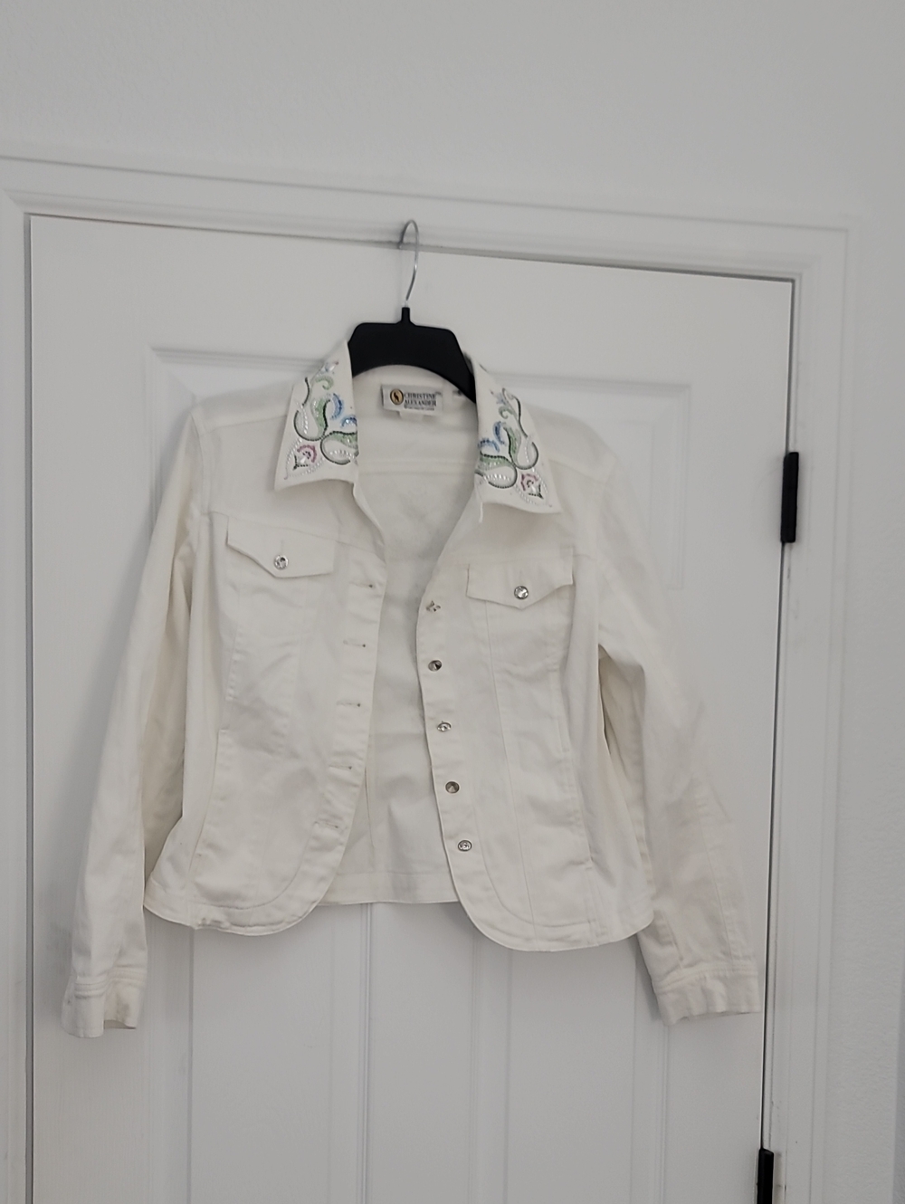 Christine Alexander White Denim Jacket with Embroidered Collar